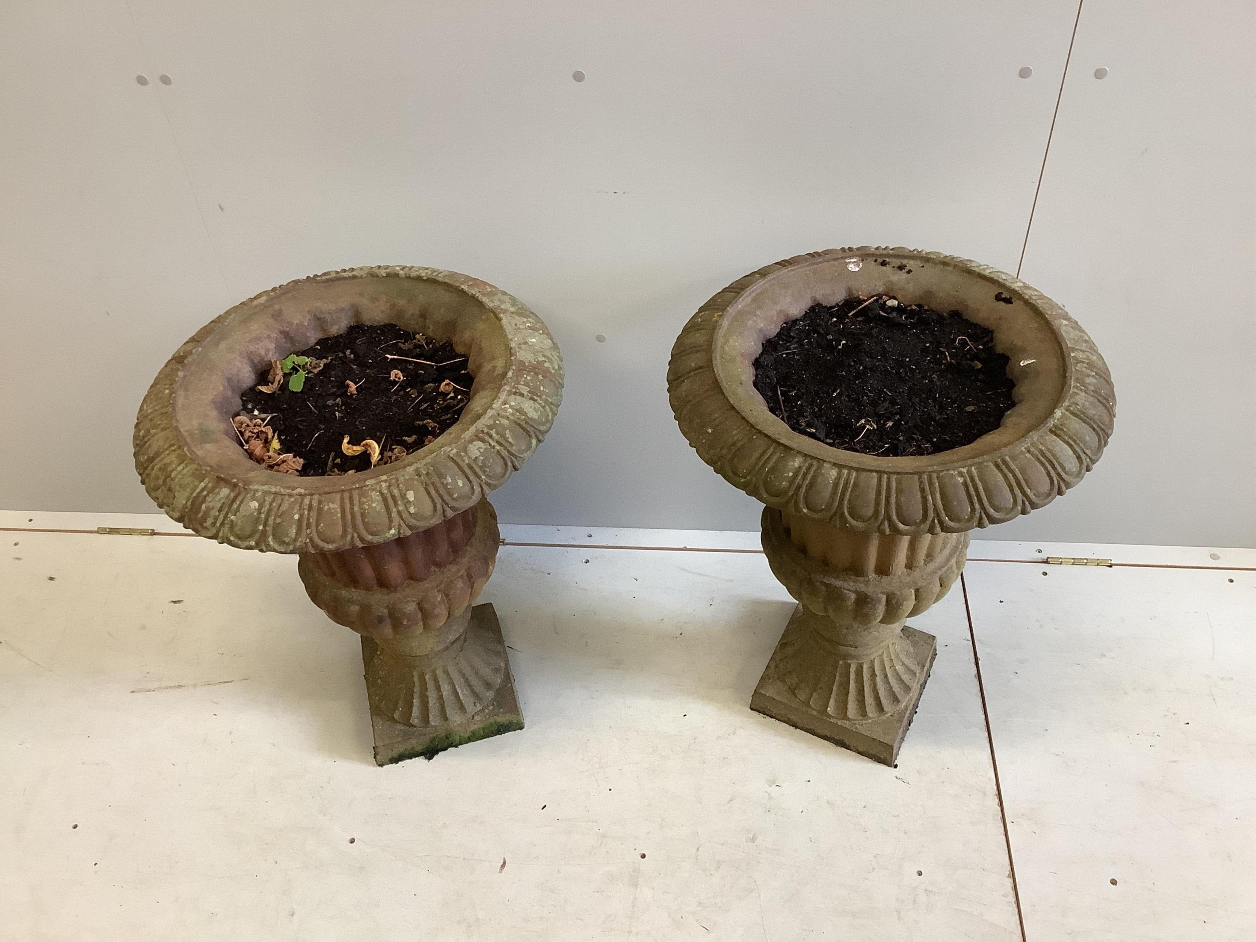 A pair of cast iron campana garden urns, diameter 53cm, height 70cm. Condition - fair